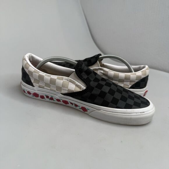 Vans Off The Wall Authentic Women’s 8.5 W Slip-On Roses Checkerboard Black White - Picture 13 of 13